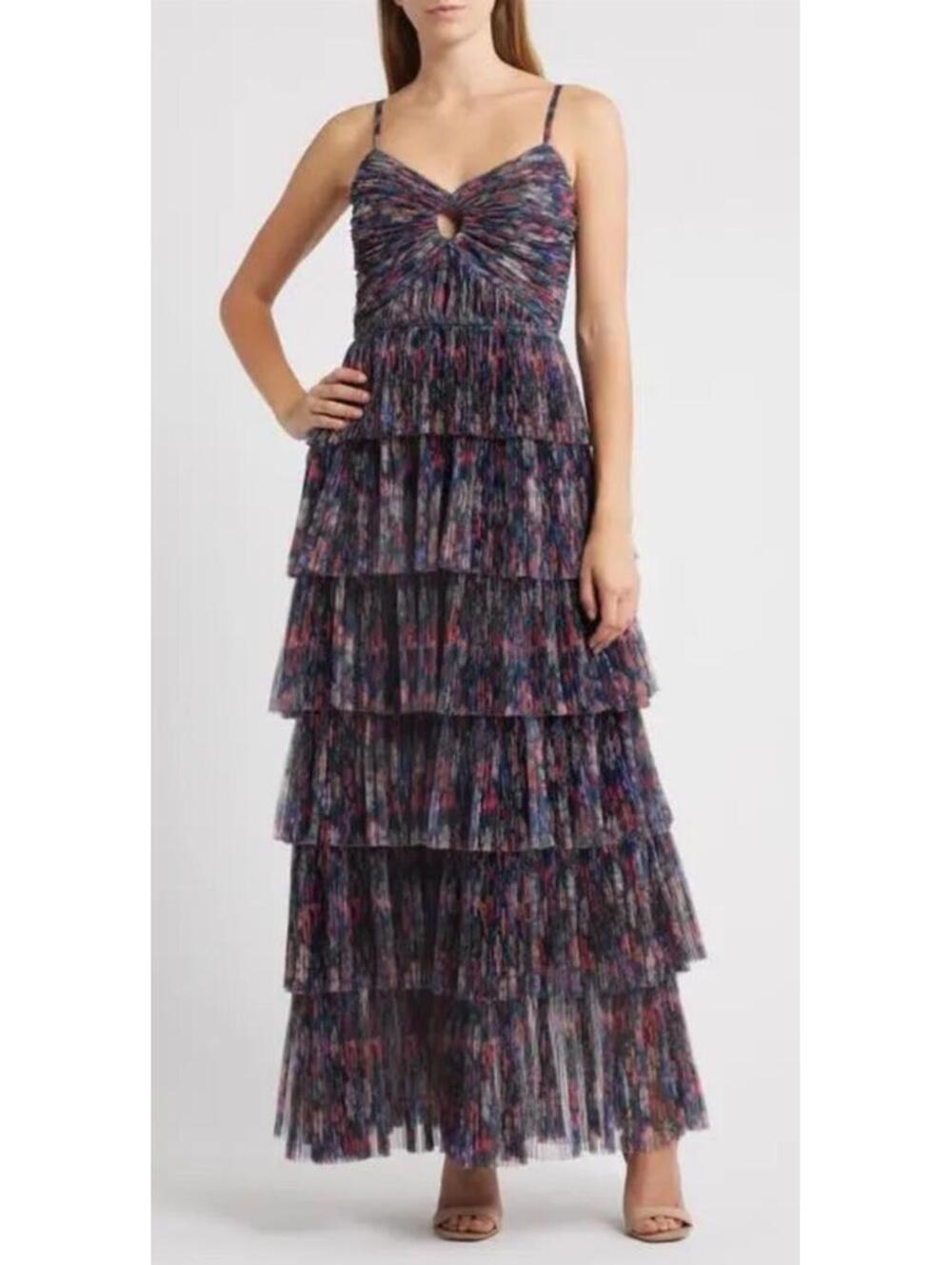 New HUTCH Floral Gathered Tiered Evening Gown In Navy Garden Size 14 $398
